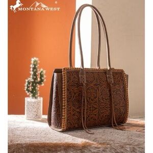 BRAND NEW WITH TAGS Montana West Brown Tooled Concealed Carry Tote Bag